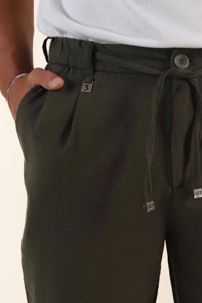 Haki Relaxed Fit Keten Bel Lastikli Erkek Jogger Pantolon 380882