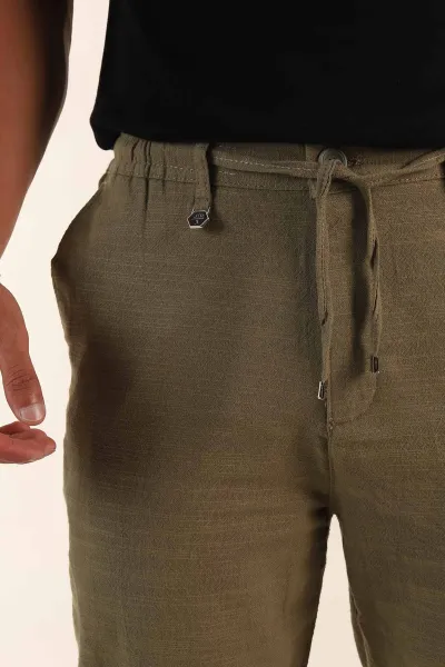 Haki Relaxed Fit Keten Bel Lastikli Erkek Jogger Pantolon 380913