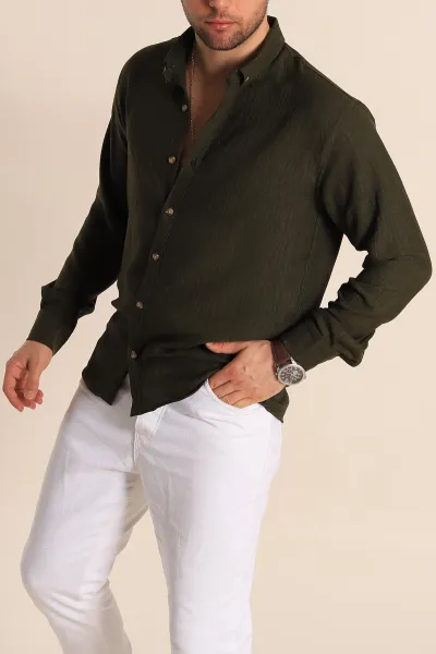 haki-relaxed-fit-keten-erkek-gomlek-261275
