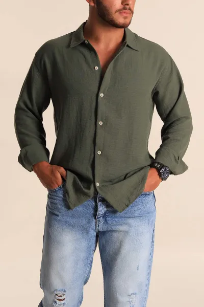 Haki Relaxed Fit Keten Erkek Gömlek 283761