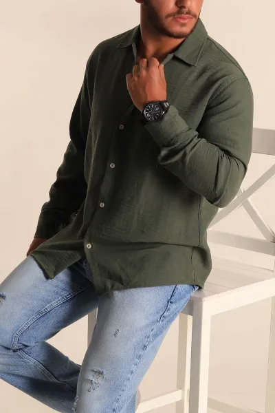 Haki Relaxed Fit Keten Erkek Gömlek 283761