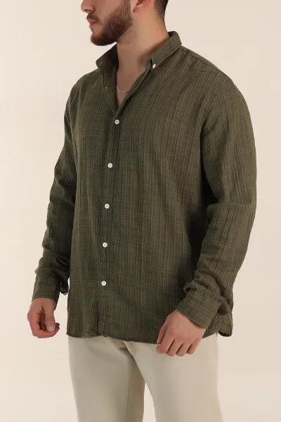 Haki Relaxed Fit Keten Kare Dokulu Ata Yaka Erkek Gömlek 360613