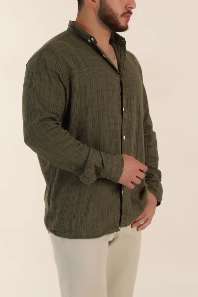 Haki Relaxed Fit Keten Kare Dokulu Ata Yaka Erkek Gömlek 360613