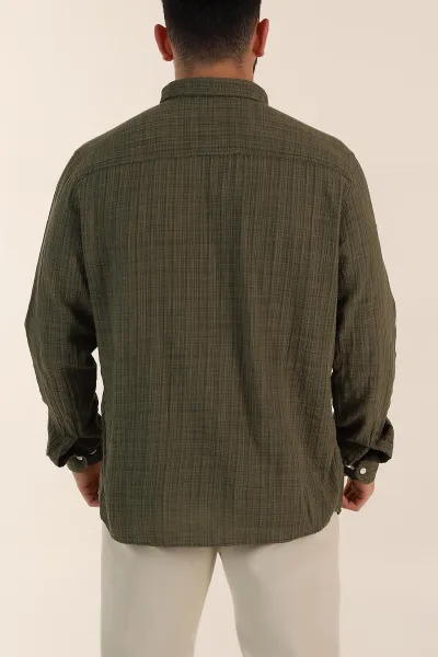Haki Relaxed Fit Keten Kare Dokulu Ata Yaka Erkek Gömlek 360613