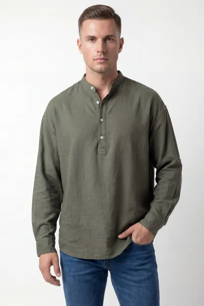 Haki Relaxed Fit Keten Yarım Düğmeli Hakim Yaka Erkek Gömlek 435879