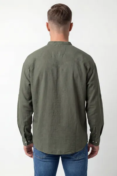 Haki Relaxed Fit Keten Yarım Düğmeli Hakim Yaka Erkek Gömlek 435879