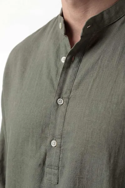 Haki Relaxed Fit Keten Yarım Düğmeli Hakim Yaka Erkek Gömlek 435879