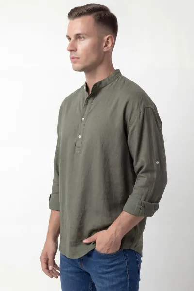 Haki Relaxed Fit Keten Yarım Düğmeli Hakim Yaka Erkek Gömlek 435879