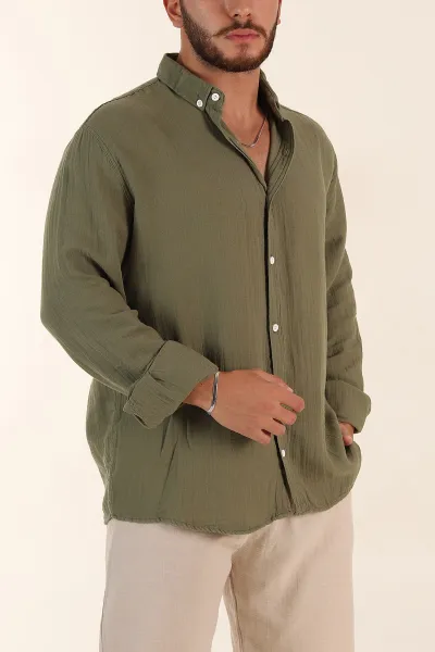 Haki Relaxed Fit Müslin Keten Ata Yaka Erkek Gömlek 386193