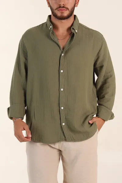 haki-relaxed-fit-muslin-keten-ata-yaka-erkek-gomlek-386193