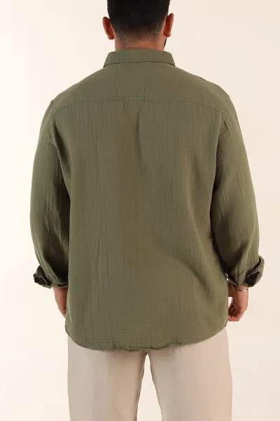 Haki Relaxed Fit Müslin Keten Ata Yaka Erkek Gömlek 386193