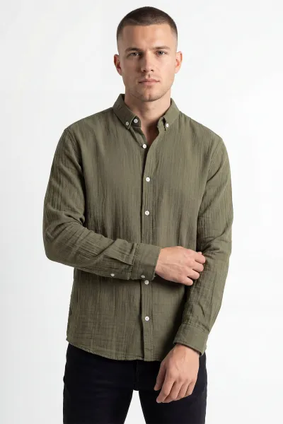 Haki Relaxed Fit Müslin Keten Ata Yaka Erkek Gömlek 435745