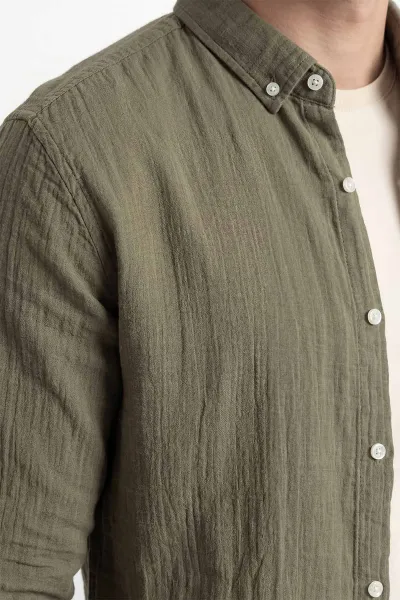 Haki Relaxed Fit Müslin Keten Ata Yaka Erkek Gömlek 435745