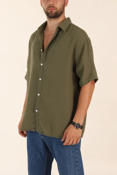 Haki Relaxed Fit Müslin Keten Kısa Kollu Erkek Gömlek 376944