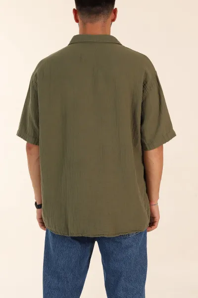 Haki Relaxed Fit Müslin Keten Kısa Kollu Erkek Gömlek 376944