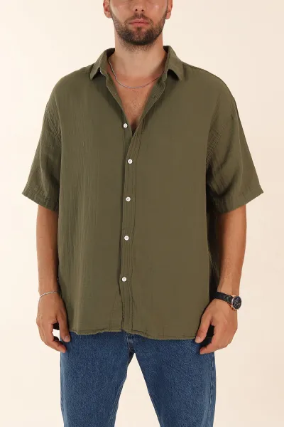 Haki Relaxed Fit Müslin Keten Kısa Kollu Erkek Gömlek 376944