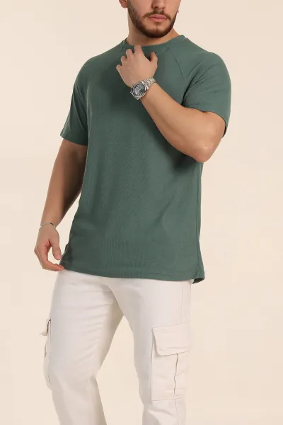Haki Relaxed Fit Petek Dokulu Reglan Kol Basic Erkek Tişört 352024