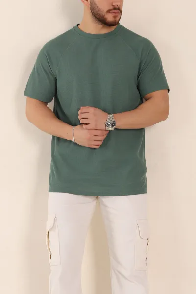 Haki Relaxed Fit Petek Dokulu Reglan Kol Basic Erkek Tişört 352024
