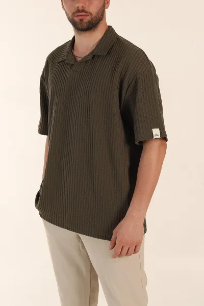 Haki Relaxed Fit Waffle Dokulu Patlı Polo Yaka Erkek Tişört 370296