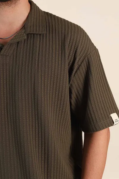 Haki Relaxed Fit Waffle Dokulu Patlı Polo Yaka Erkek Tişört 370296