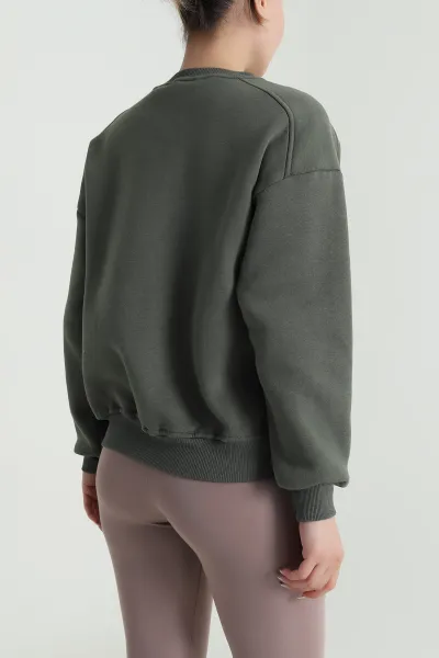Haki Şardonlu Üç İp Kadın Sweat 485099