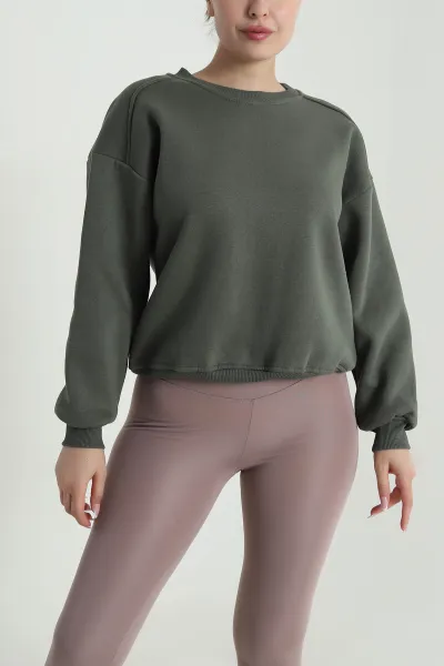 Haki Şardonlu Üç İp Kadın Sweat 485099