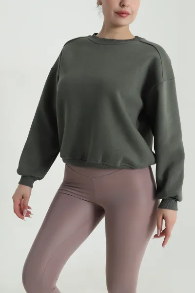 Haki Şardonlu Üç İp Kadın Sweat 485099
