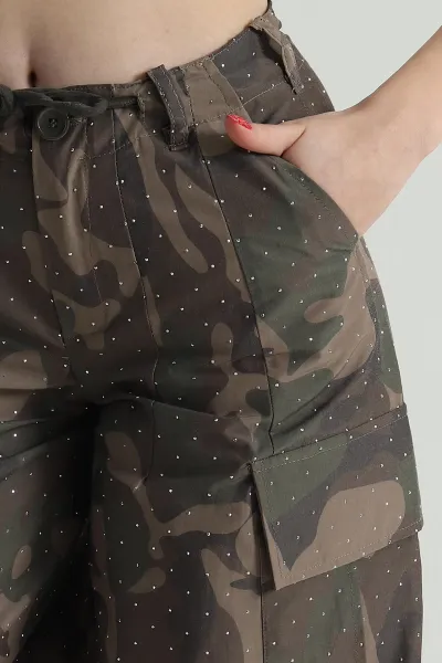 Haki Serpme Taşlı Fethiye Kumaş Kadın Baggy Pantolon 499159