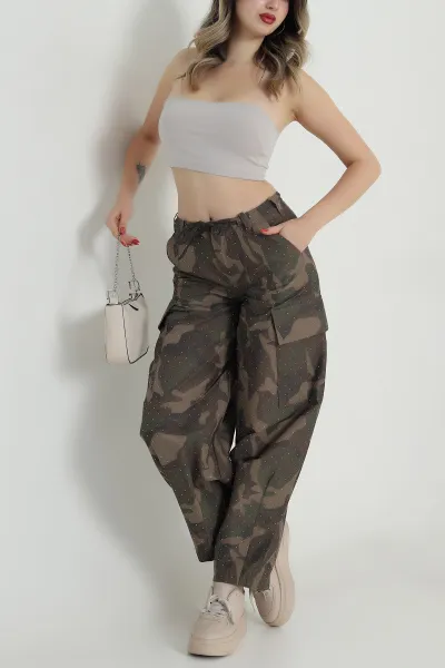 Haki Serpme Taşlı Fethiye Kumaş Kadın Baggy Pantolon 499159