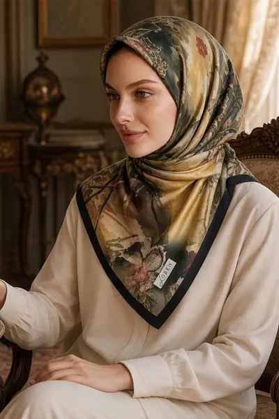 Haki - Siyah 90x90 Cm Dijital Baskılı Altera Desen Kutulu Twill Eşarp 500947