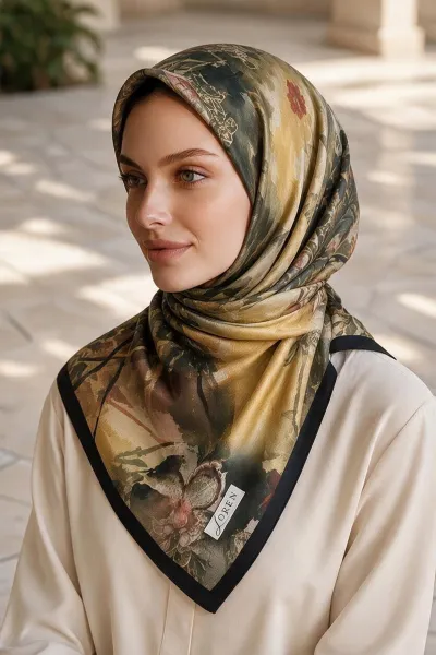 Haki - Siyah 90x90 Cm Dijital Baskılı Altera Desen Kutulu Twill Eşarp 500947