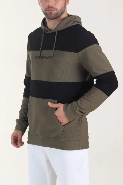 Haki Siyah Cep Detaylı Yazılı Kapüşonlu Erkek Sweatshirt 408073