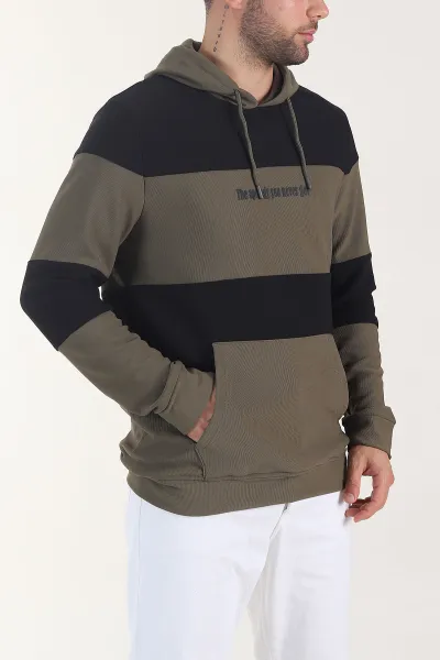 Haki Siyah Cep Detaylı Yazılı Kapüşonlu Erkek Sweatshirt 408073