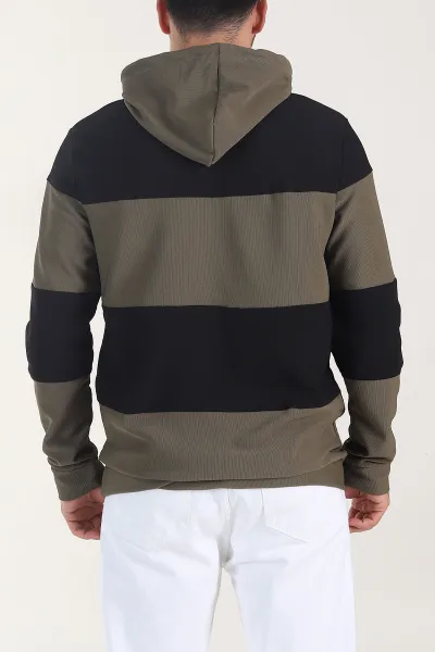 Haki Siyah Cep Detaylı Yazılı Kapüşonlu Erkek Sweatshirt 408073