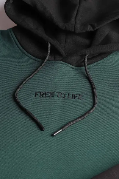 Zümrüt Yeşili Siyah Üç İp Şardonlu Kapüşonlu Yazı Detaylı Erkek Sweatshirt 396153