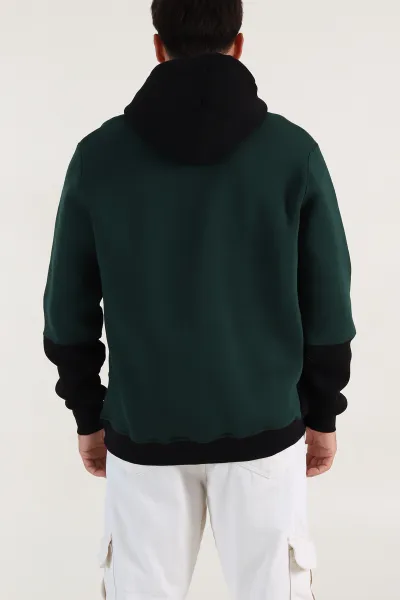 Zümrüt Yeşili Siyah Üç İp Şardonlu Kapüşonlu Yazı Detaylı Erkek Sweatshirt 396153