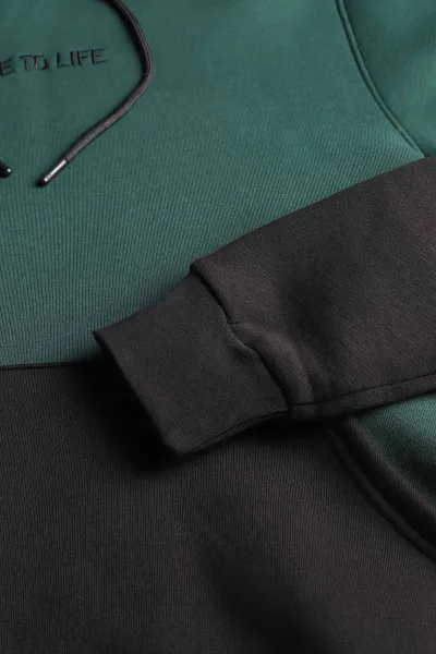 Zümrüt Yeşili Siyah Üç İp Şardonlu Kapüşonlu Yazı Detaylı Erkek Sweatshirt 396153