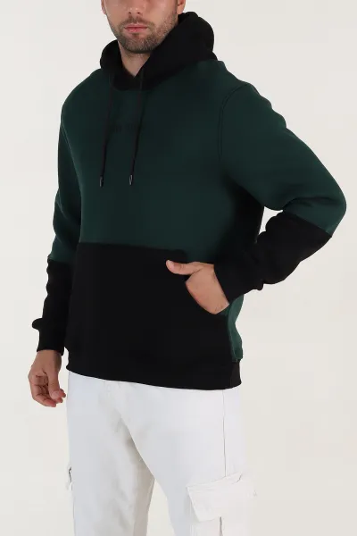 Zümrüt Yeşili Siyah Üç İp Şardonlu Kapüşonlu Yazı Detaylı Erkek Sweatshirt 396153