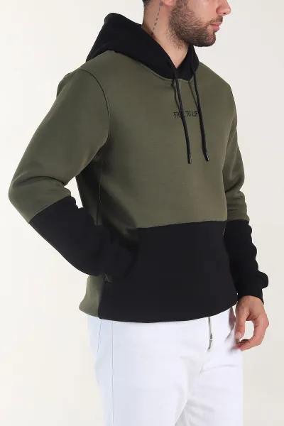 Haki Siyah Üç İp Şardonlu Kapüşonlu Yazı Detaylı Erkek Sweatshirt 404757