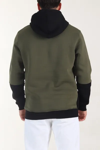 Haki Siyah Üç İp Şardonlu Kapüşonlu Yazı Detaylı Erkek Sweatshirt 404757