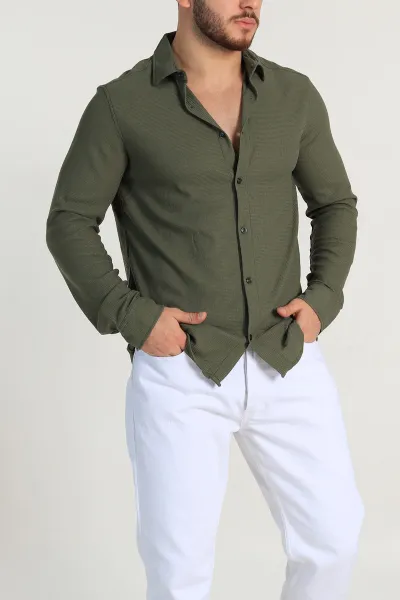 haki-slim-fit-petek-dokulu-uzun-kollu-erkek-gomlek-325210