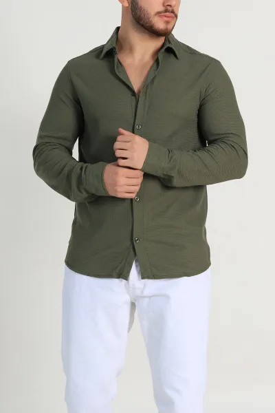Haki Slim Fit Petek Dokulu Uzun Kollu Erkek Gömlek 325210