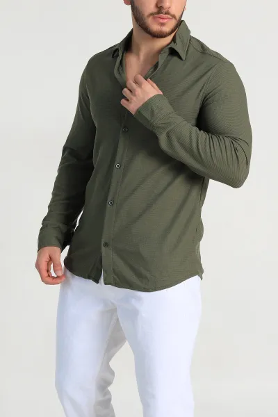 Haki Slim Fit Petek Dokulu Uzun Kollu Erkek Gömlek 325210