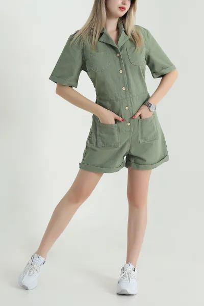 Haki Şortlu Gabardin Kadın Tulum 471543