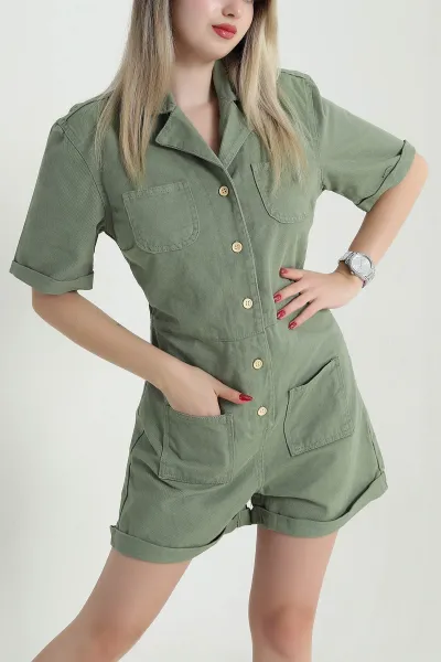 Haki Şortlu Gabardin Kadın Tulum 471543