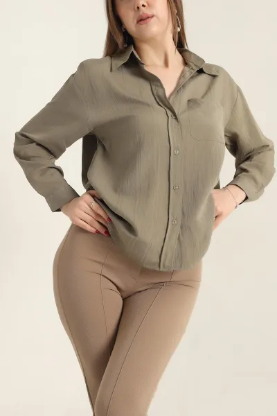 Haki Tek Cep Tensel Dokuma Bayan Gömlek 337468