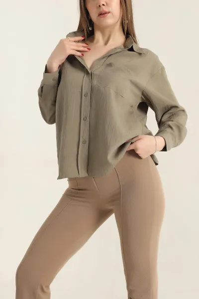 Haki Tek Cep Tensel Dokuma Bayan Gömlek 337468
