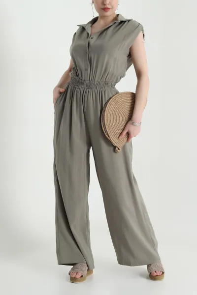 Haki Tencel Bel Lastikli Düğmeli Kadın Tulum 459373