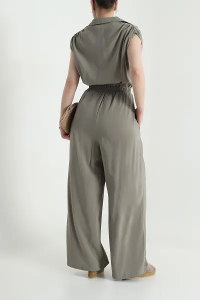 Haki Tencel Bel Lastikli Düğmeli Kadın Tulum 459373