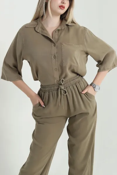 Haki Tencel Gömlek Pantolon Kadın İkili Takım 469724